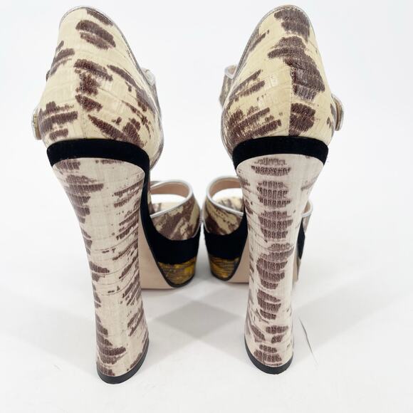 Miu Miu Beige Black Gold Teju Lizard Embossed Platform Sandals Heels IT 39.5 - Picture 11 of 14